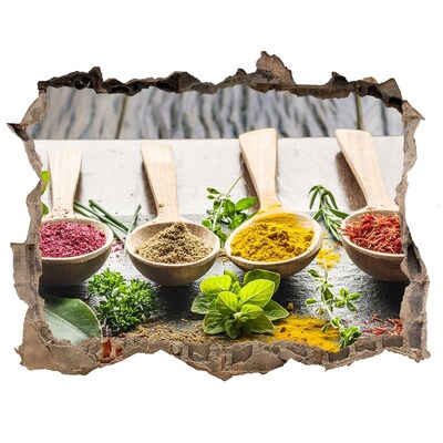 3D wall hole wallpaper Kitchen spices in wooden spoons