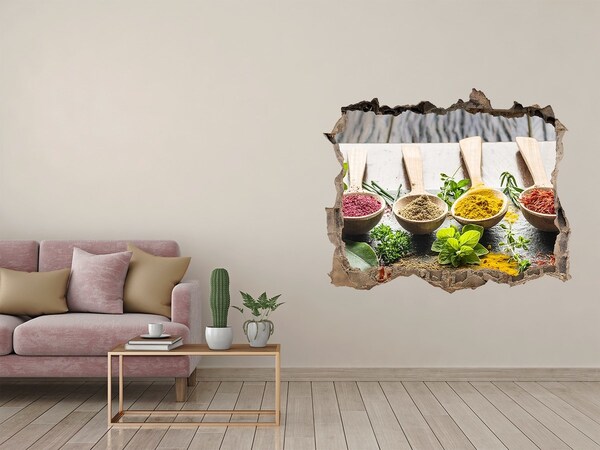 3D wall hole wallpaper Kitchen spices in wooden spoons