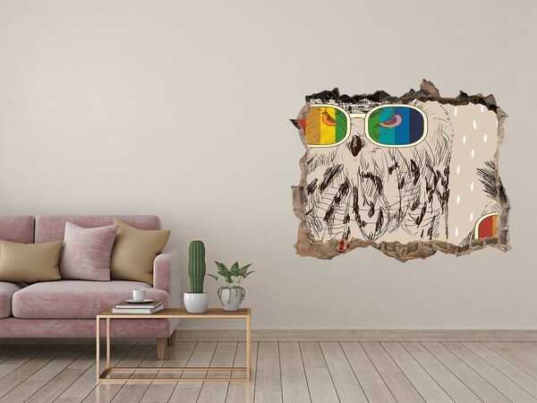 3D wall hole wallpaper Owls with glasses