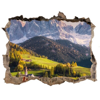 3D wall hole A mountain valley with a picturesque village