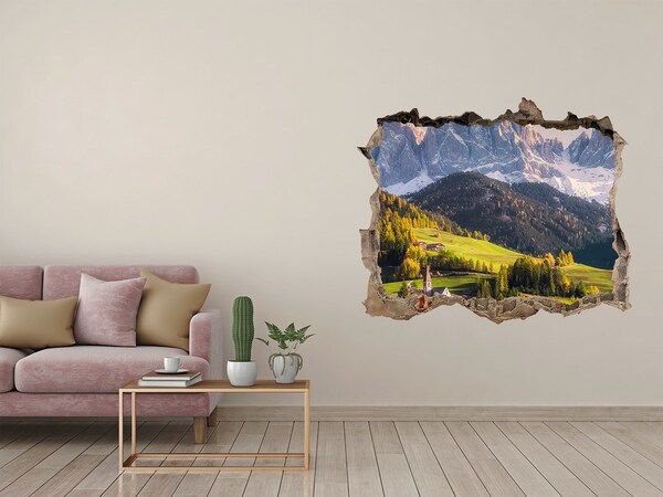 3D wall hole A mountain valley with a picturesque village