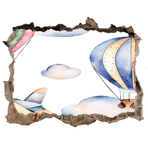 3D wall hole wallpaper Balloon flight above the clouds