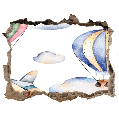 3D wall hole wallpaper Balloon flight above the clouds