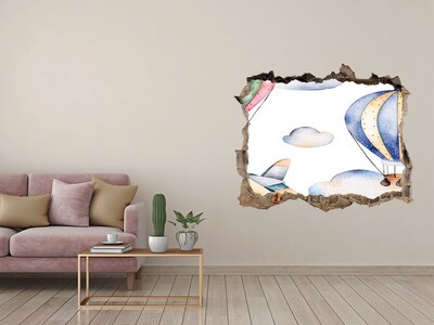 3D wall hole wallpaper Balloon flight above the clouds
