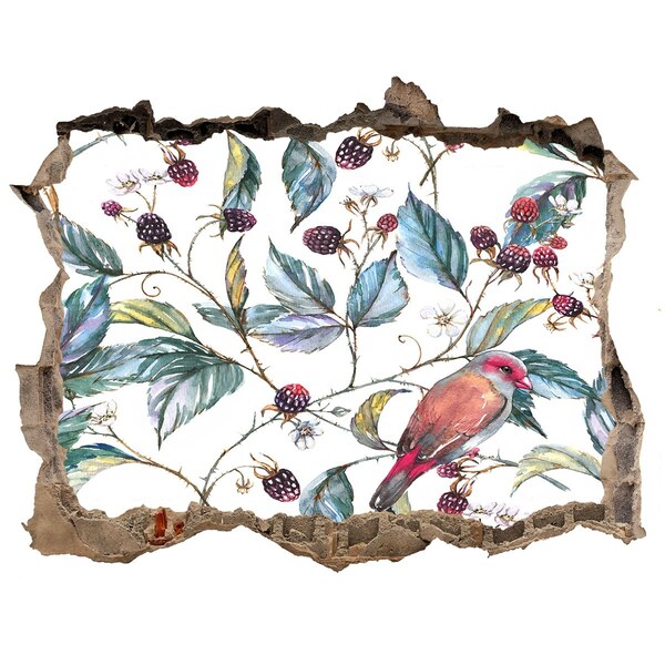 3D wall hole wallpaper A bird among the blackberries