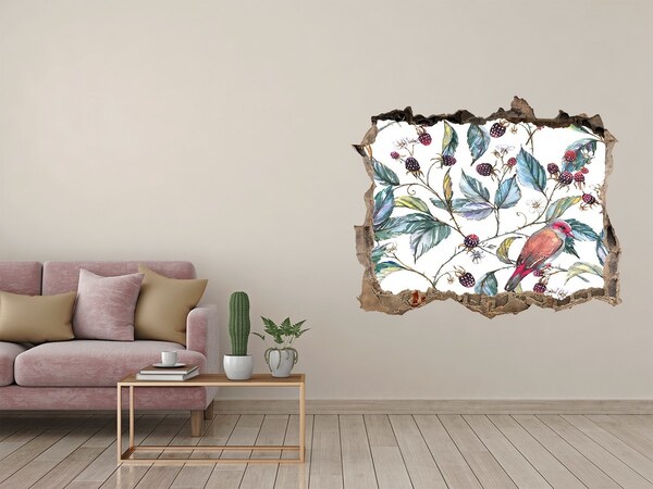 3D wall hole wallpaper A bird among the blackberries