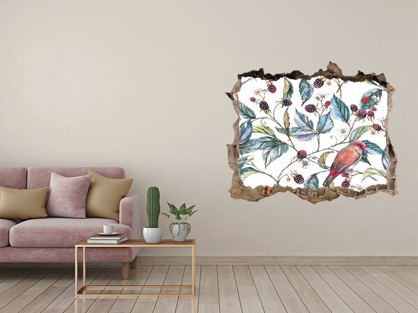 3D wall hole wallpaper Blackberry and birds