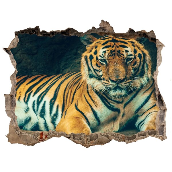 3D wall hole wallpaper Tiger in a cave