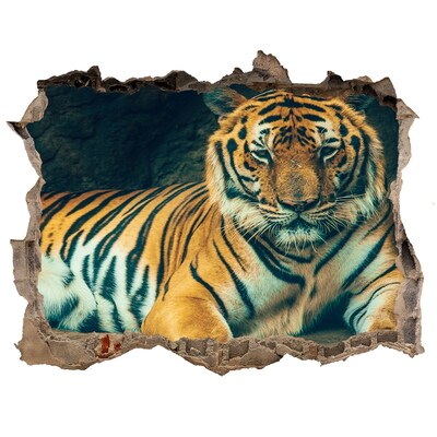 3D wall hole wallpaper Tiger in a cave