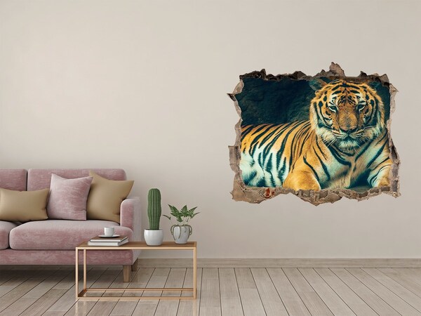 3D wall hole wallpaper Tiger in a cave