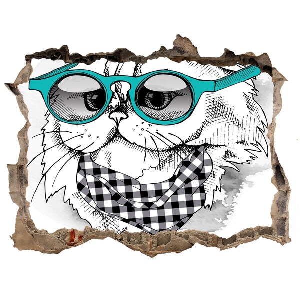 Hole in the wall decal Cat with glasses