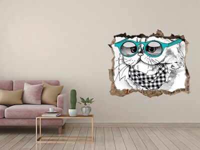 Hole in the wall decal Cat with glasses