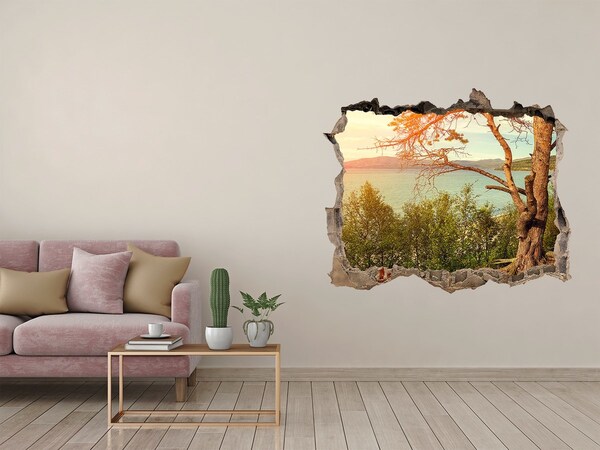 3D wall hole wallpaper View of the lake with a tree