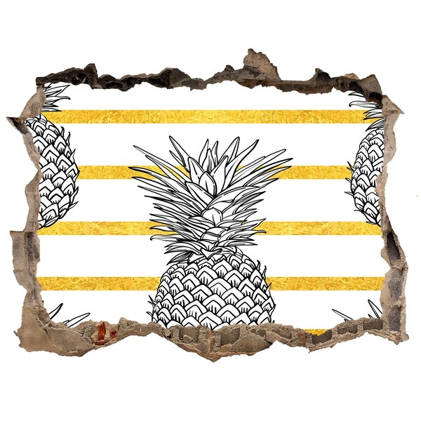 Hole wall sticker Pineapple on a background of gold stripes