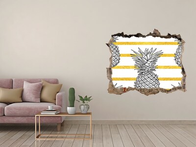 Hole wall sticker Pineapple on a background of gold stripes