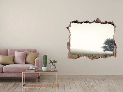 3D wall hole wallpaper A misty clearing with a lonely tree