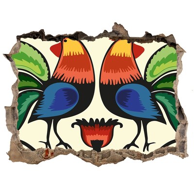 Hole in the wall decal Colorful roosters on the wall background