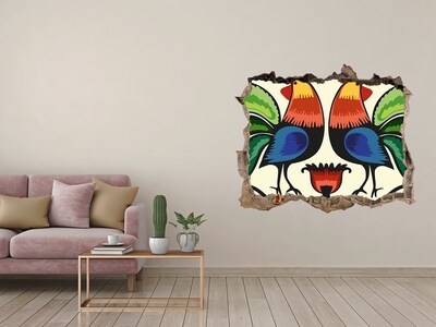 Hole in the wall decal Colorful roosters on the wall background