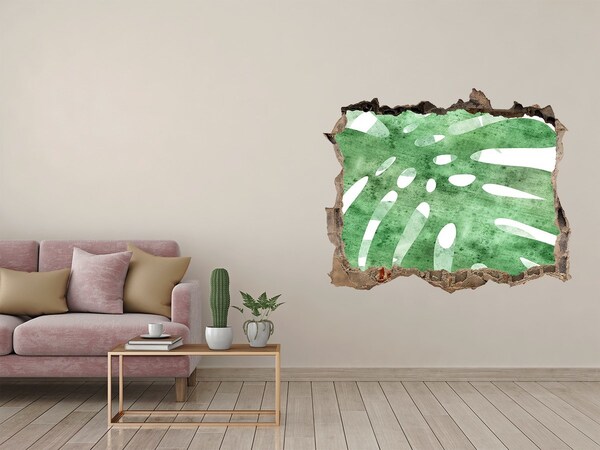 3D wall hole wallpaper Green leaf in a damaged wall