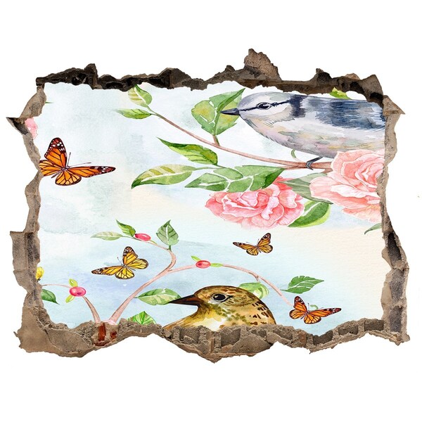 3D wall hole Birds in the rose garden