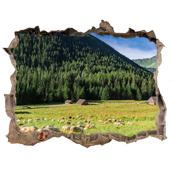 3D wall hole wallpaper Sheep in the Tatra Mountains