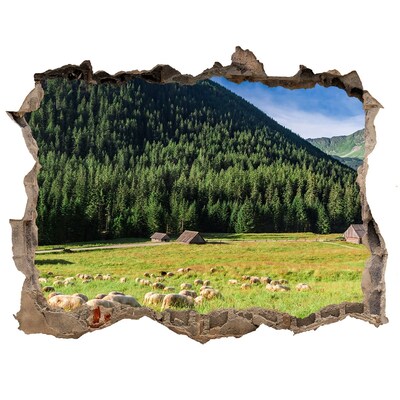 3D wall hole wallpaper Green valley with sheep