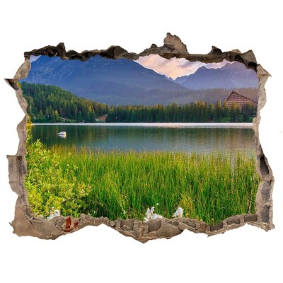 3D wall hole wallpaper Mountain landscape by the lake