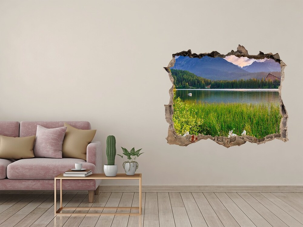 3D wall hole wallpaper Lake in the mountains