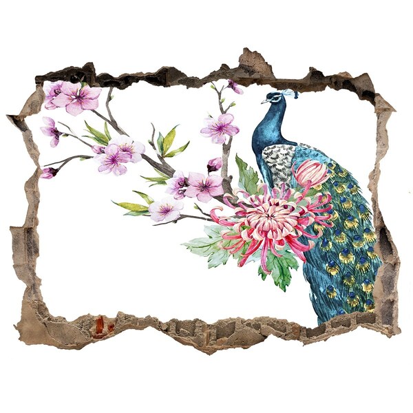 3D wall hole wallpaper Peacock among flowers