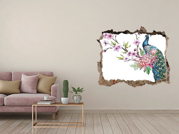3D wall hole wallpaper Peacock among flowers