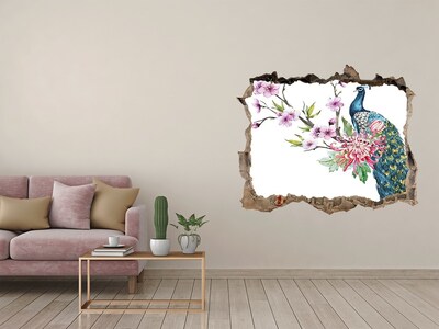 3D wall hole wallpaper Peacock among flowers