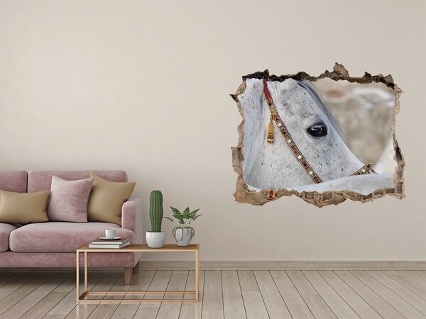 3D wall hole wallpaper White Arabian horse