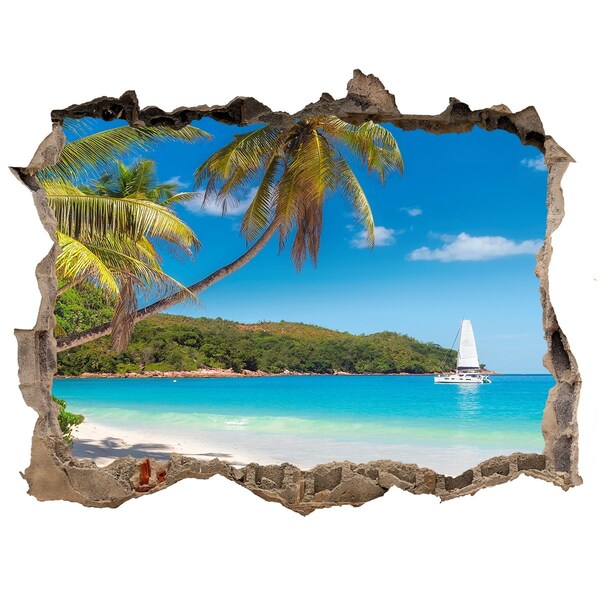 3D wall hole Tropical beach with palm trees
