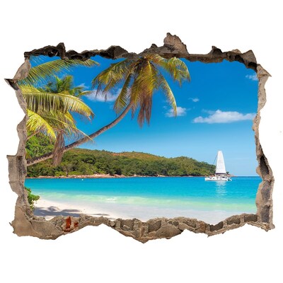 3D wall hole Tropical beach with palm trees