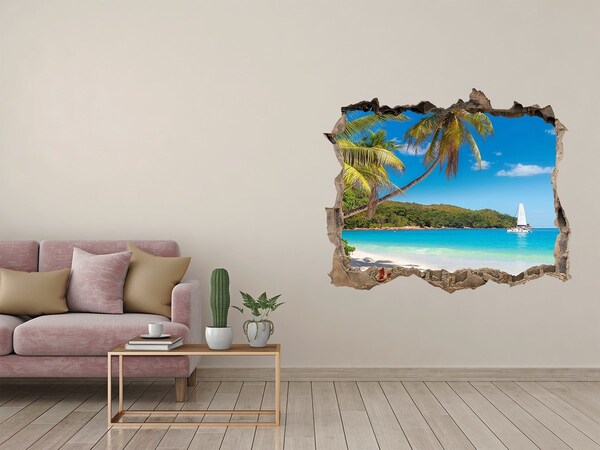 3D wall hole Tropical beach with palm trees