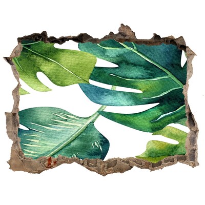 3D wall hole Green tropical leaves in a damaged wall