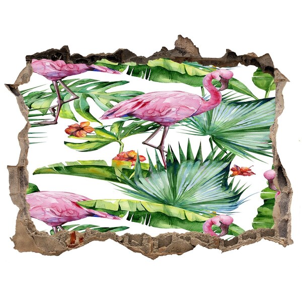 3D wall hole wallpaper Plants flamingos