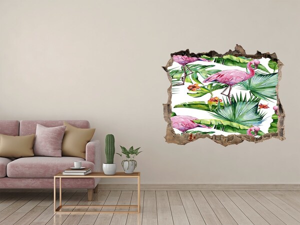 3D wall hole wallpaper Paradise Oasis with Flamingos