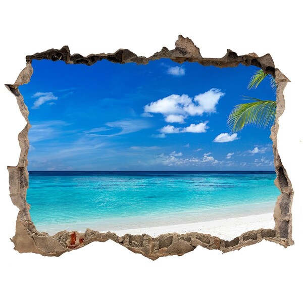 3D wall hole wallpaper Tropical beach with a palm tree