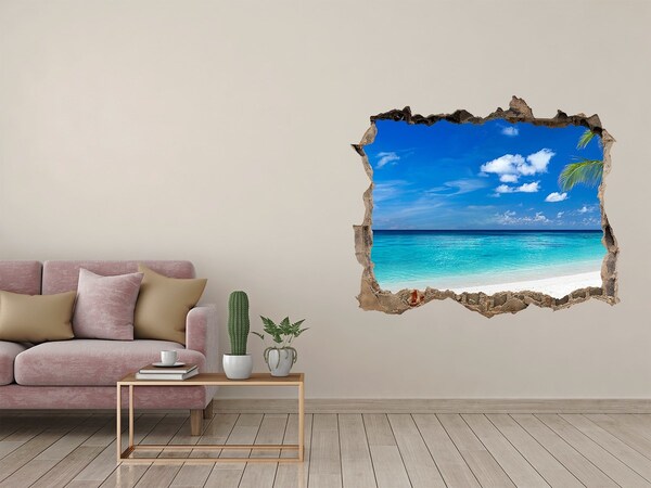 3D wall hole wallpaper Tropical beach with a palm tree