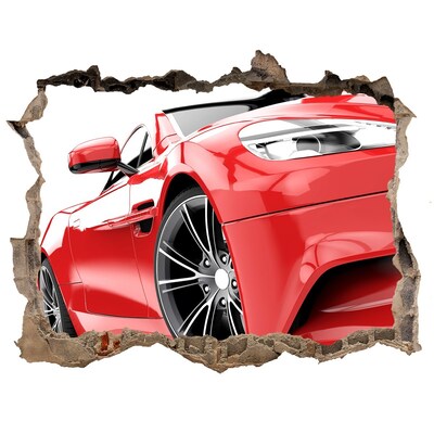 Hole wall sticker Red sports car behind the hole in the wall