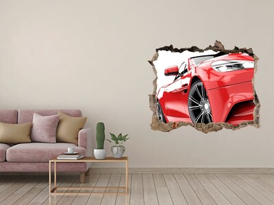 Hole wall sticker Red sports car behind the hole in the wall