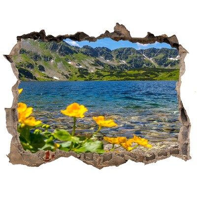 3D wall hole wallpaper Mountain landscape by the lake