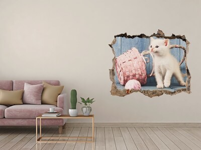 Hole in the wall decal White cat and skeins