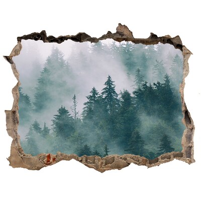 3D wall hole wallpaper Green forest in the clouds