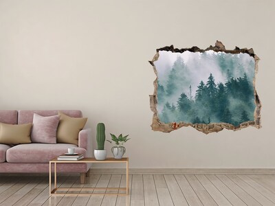 3D wall hole wallpaper Green forest in the clouds