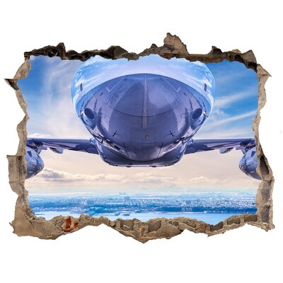 3D wall hole wallpaper A plane over the city