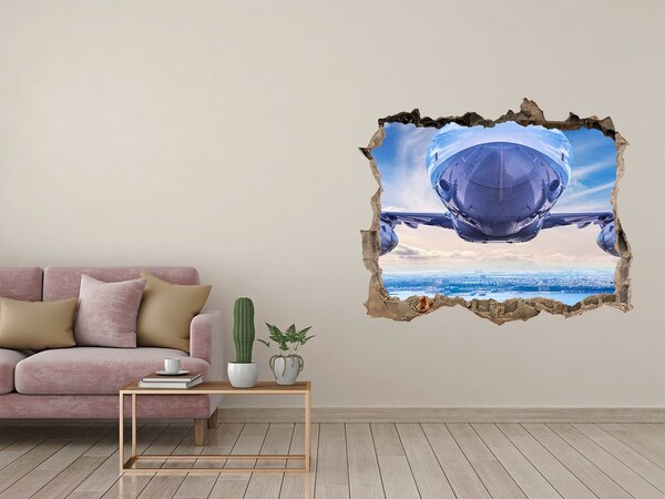 3D wall hole wallpaper A plane over the city