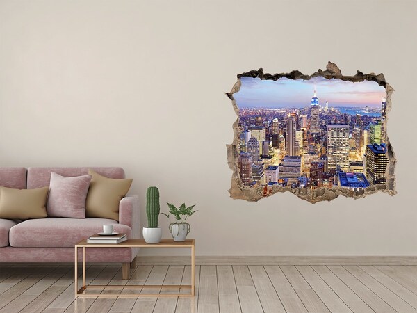 3D wall hole New York skyline at night