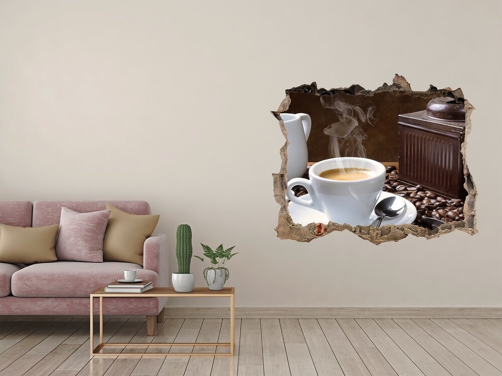 3D wall hole wallpaper Croissants and coffee